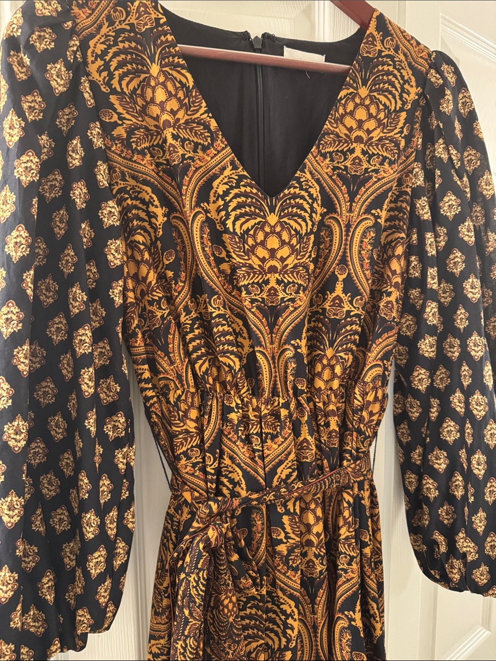 Black and Gold Paisley-Print Maxi Dress with Ruffle Tiers - Picture 3 of 3